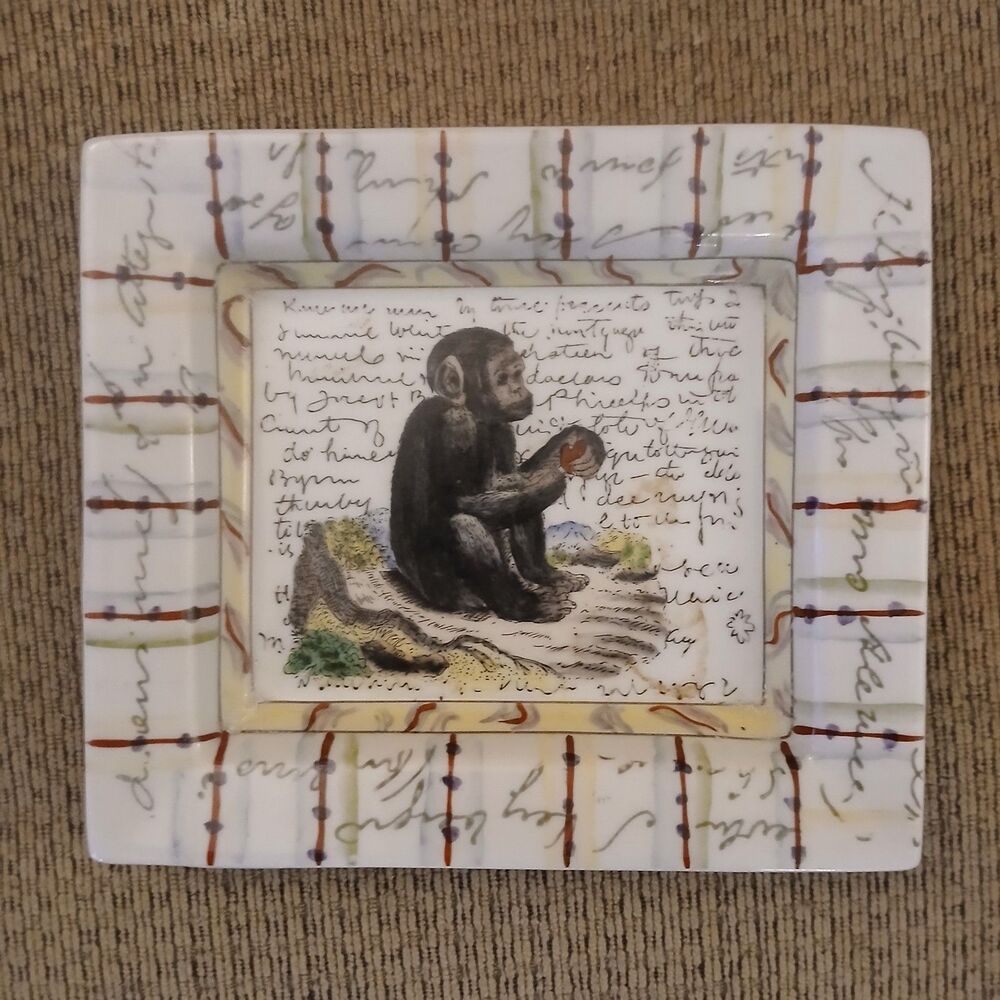 John Derian Hand Painted Monkey Trinket Jewelry Tray Plate Tozia Home Decor